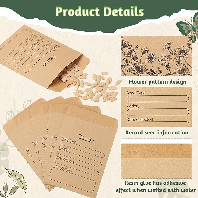 150 Pieces Seed Envelopes 3.15 × 2.36 IN Seeds Packets Storage Organizer Self Adhesive Small Paper Sealing Envelopes for Flower Vegetable Seed Storage