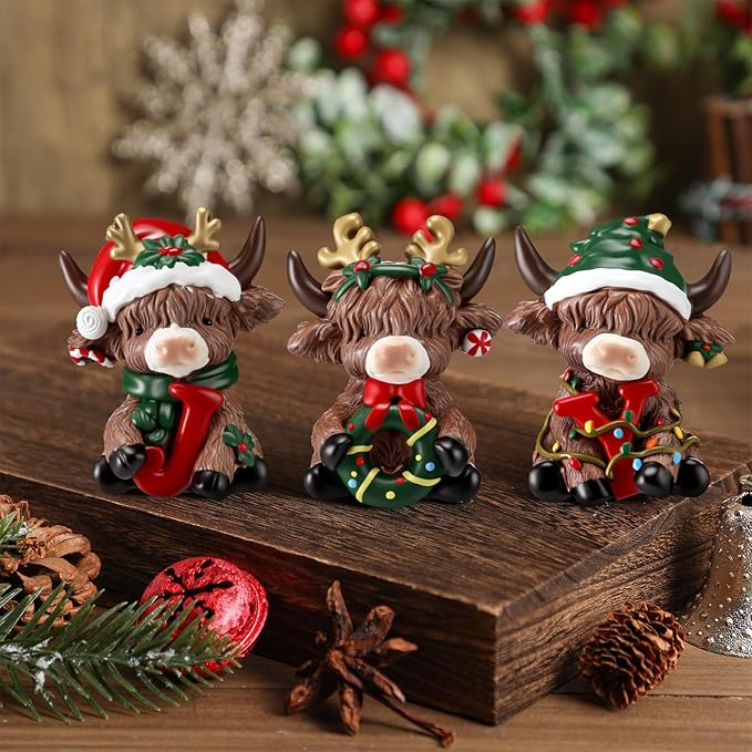 Karenhi 3 Pcs Joy Christmas Highland Cow Figurines Xmas Highland Cow Gnomes Herd Scottish Resin Statue Calf Lovers Gifts for Home Garden Kitchen Office Tiered Tray Table Decor