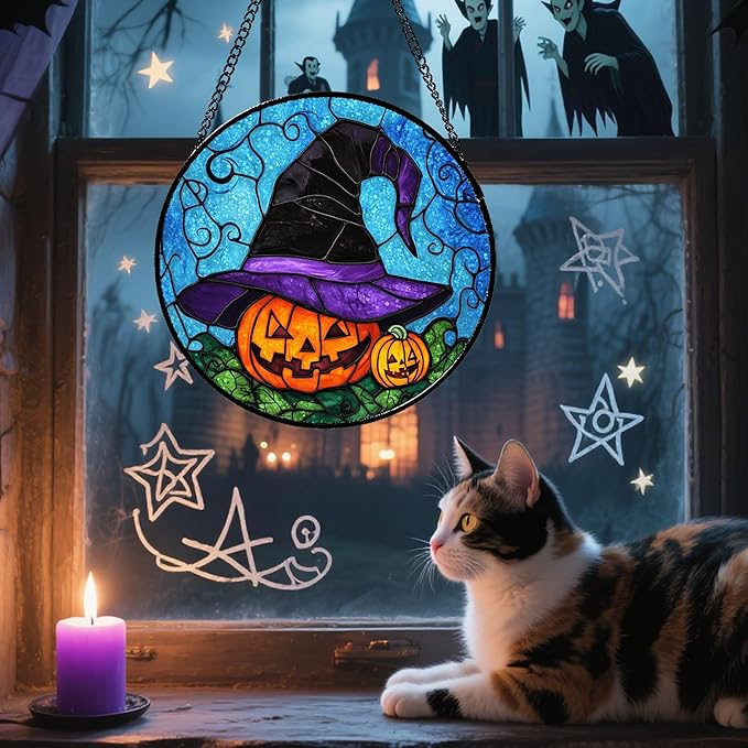 Stained Glass Window Hanging Halloween Horror Pumpkin 9.8" - Suncatcher Door Garden Sunroom Purple Black Witch Hat Sun Catcher Birthday for Friend Mom Men Woman Nana