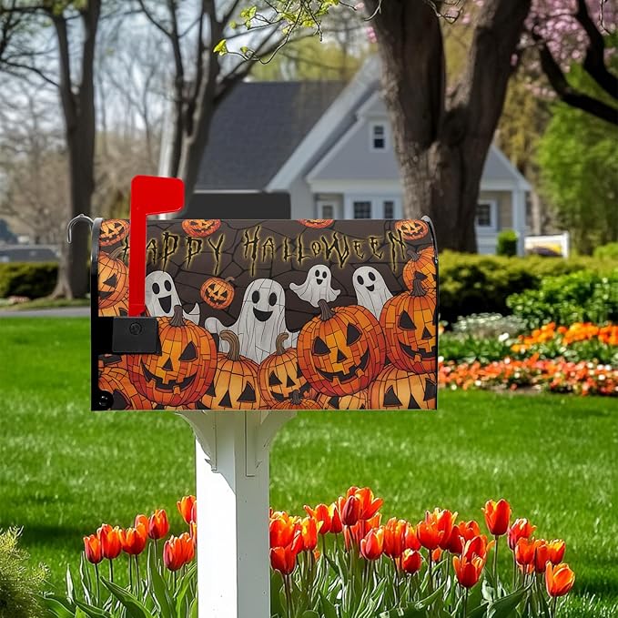 Happy Halloween Mailbox Cover Ghost Mail Box Covers Magnetic Standard Size 21x18 inch Pumpkin Post Letter Box Cover Wrap Outdoor Decor for Garden