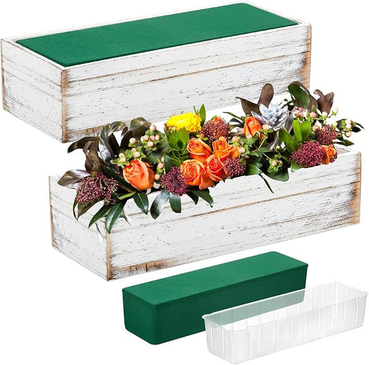 Dandat 4 Set Wood Boxes for Centerpieces 12x4 Inch Rectangle Wooden Planter Box Rustic Wooden Planters with Removable Plastic Liner Floral Foam Blocks for Christmas Wedding Home Garden Decor