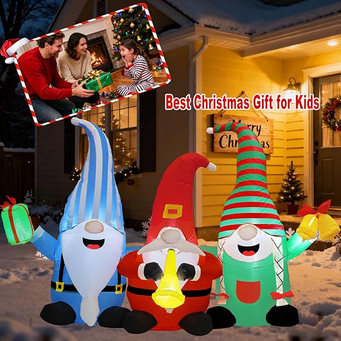 Christmas Decorations Inflatables Outdoor, 6FT Long 3 Gnomes with Gift Box, Trumpet and Bell, Cute Xmas Blow Up Built-in LED Lights Holiday Decor for Indoor Garden Yard Lawn