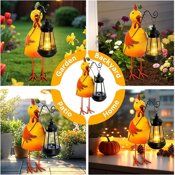 Garden Decor Bee Solar Statues,Unique Garden Statues Chicken with Solar Lantern Waterproof, Birthday Gifts for Women Mom Grandma, Front Patio Balcony Yard Art Lawn Ornaments Porch Outdoor Decoration