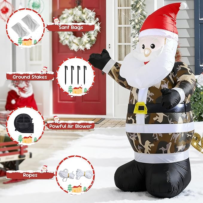 4FT Inflatable Camouflage Santa Claus Decor,with LED Lights Christmas Blow up Decorations Indoor Outdoor ,Xmas Inflatable Holiday Decor, Garden Yard Lawn Ornament Perfect for Festive Celebrations