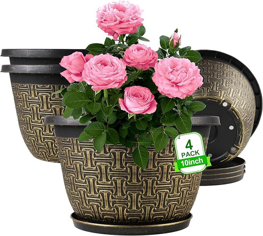 10 Inch Plant Pots, 4 Pack Flower Pots Outdoor with Drainage Holes & Trays, Retro Antique Imitation Decorative Garden Plastic Pots for Plants Indoor Sets for Houseplants