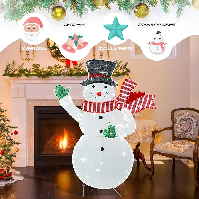 Lighted Snowman Christmas Decorations, Pre Lit White Neon Light Snowman Light Up Collapsible Snowman Christmas Decorations for Indoor Outdoor Garden Yard Lawn Holiday Party Decor