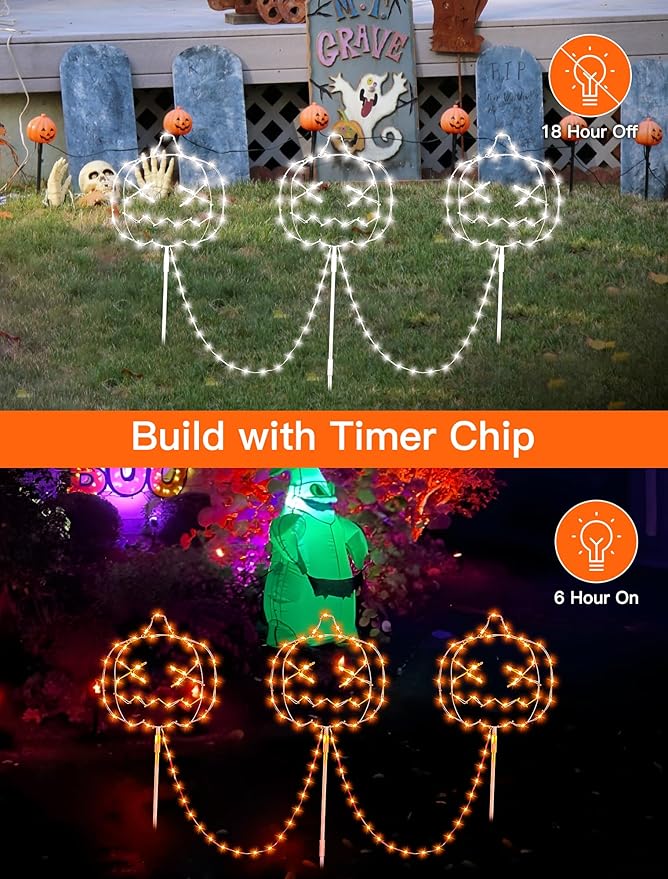 Halloween Walkway Lights,163LED Outdoor Pumpkin Decorations Light Plug in,Timer 8 Modes Garden Stake String Lights for Pathway,Fence,Patio,Yard,Party,Halloween Decor-Orange