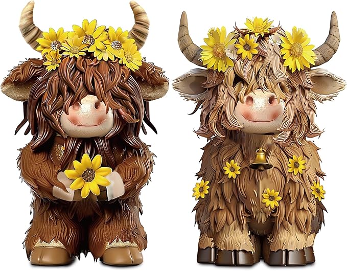 2 Pcs Highland Cow Figurines Decor Cow Gnomes with Sunflower Resin Statue Calf Lovers Gifts for Farmhouse Home Garden Bathroom Kitchen Office Tiered Tray Table Decor