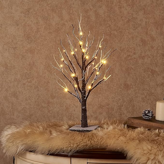Fudios Lighted Snow Dusted Christmas Tree with Timer Battery Operated 18in Home Decor, Pre lit Artificial Tabletop Snowy Trees with 24 LED for Winter Party 2 Sets