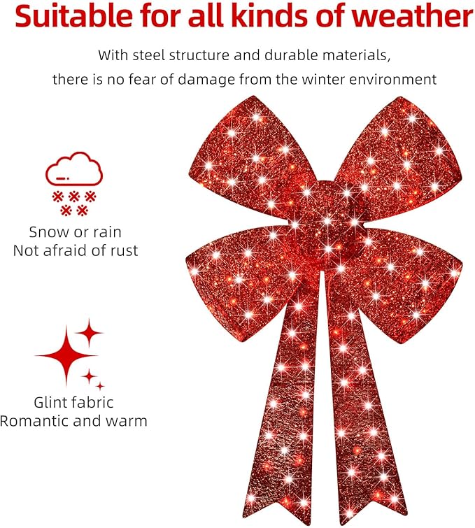 Lighted Giant Christmas Bows Decoration - HOYECHI Lighted Large Outdoor Bows for Wreaths, Outdoor Hanging Christmas Decorations, LED Holiday Yard Décor with 105 Lights - Red