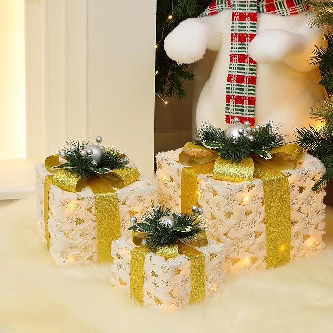 LuxenHome Set of 3 Lighted Gift Boxes, Battery Operated Snowflake Fabric with Gold Ribbon Bow Boxes for Xmas, Lawn, Porch, Under Tree Indoor, Outdoor Christmas Decorations