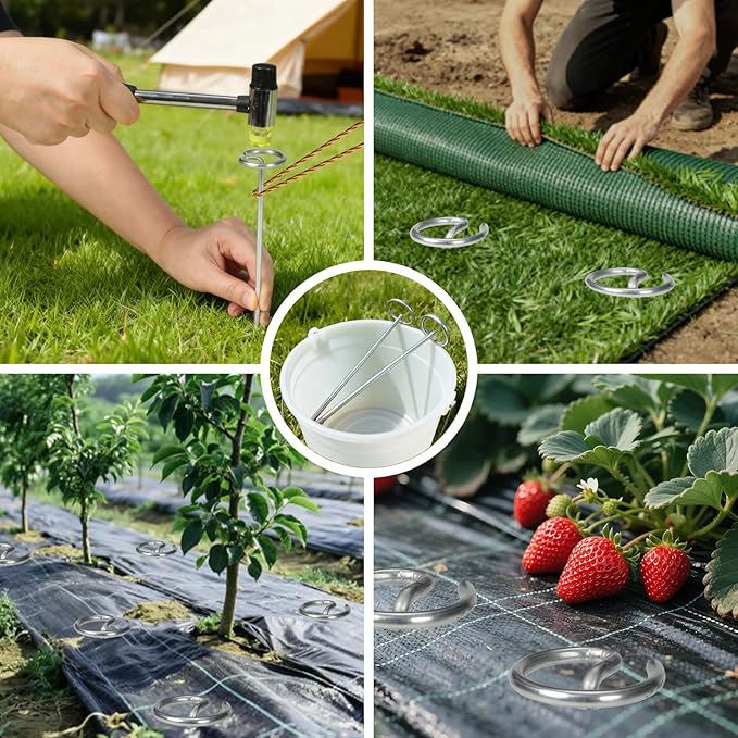 50pcs Landscape Fabric Staples 6 Inch, Galvanized Circle Top Landscape Pins Landscape Fabric Staples Garden Stakes Staples with Pick Hook Mallet for Weed Barrier Tent Stakes Outdoor Decor
