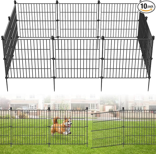 10 Panels No Dig Garden Fence Outdoor for Yard, 24 in(H) X 20 ft(L) Animal Barrier Pet Fencing Rustproof Decorative Metal Wire Panel Border for Dog, Rabbits, and Patio Temporary Ground Stakes