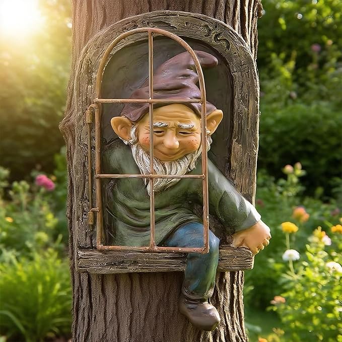 Teaeeno 12-inch Elf Out The Door Tree Hugger, Whimsical Old for Man Resin Statue with Foliage Features, Large Outdoor Tree Hugger for Yard Art, Trees Decorations Outdoor Wallmounted Statue