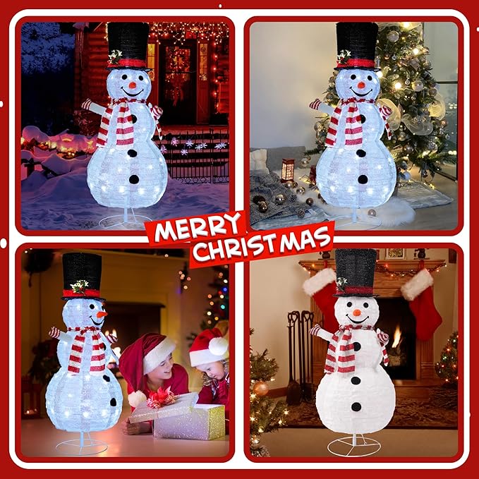 Buheco Light Up Snowman Christmas Decorations Outdoor Lighted Snowmen Indoor Outside Yard Decor 3.6ft Cute Pre Lit Pop Up Collapsible for Lawn Porch Xmas Vacation Party with 48 Led Lights-Metal Stand