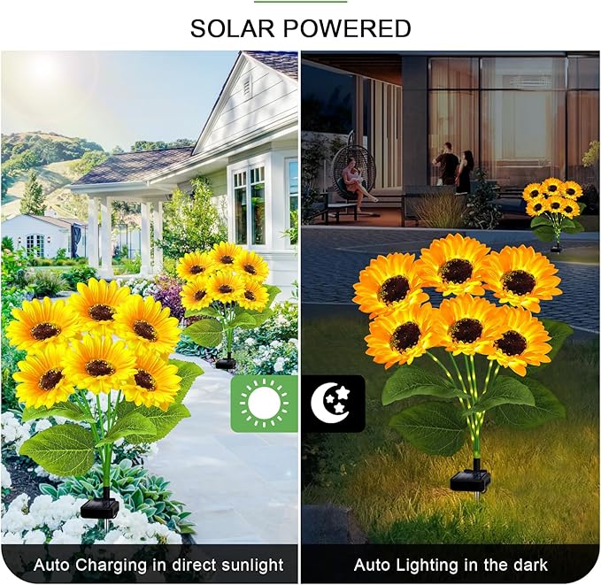 6 Pack Solar Sunflower Garden Lights 36 Vibrant Sunflowers LED Outdoor Decorative Stake Lights for Yard, Patio, Lawn, Pathway, IP65 Waterproof, Gardening Gift for Mom, Grandma, and Friends