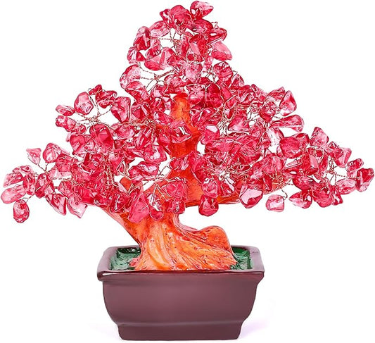 Feng Shui Quartz Crystal Money Tree Bonsai Style Decoration for Luck and Wealth (Red)