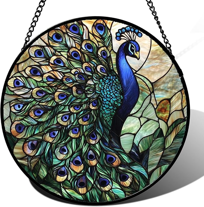 Stained Glass Window Hanging, Turquoise Peacock Sun Catcher for Door Home Decor Blue Green Suncatcher Christmas Mother's Day Birthday Gifts for Women Men Mom and Nana 15 in