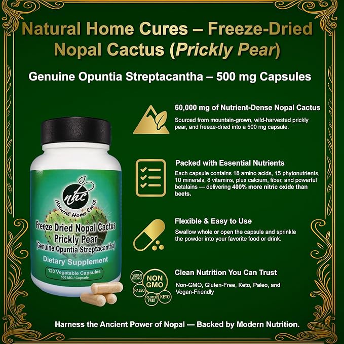 Nopal Cactus Capsules - Freeze Dried Prickly Pear Extract - Fiber Supplement for Metabolic Health Support - Rich in Betalains & Nitrates - Non-GMO - 120 Veggie Caps (2 Bottles)