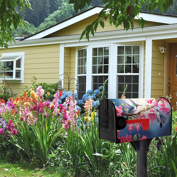 Summer Mailbox Covers Magnetic Oversized Hummingbird Flower Mailbox Post Cover Fuchsia Hybrida Floral Mailbox Wraps Bird Pink Flowers Mailbox Decor Waterproof Garden Large Size 25.5 X 21 Inch