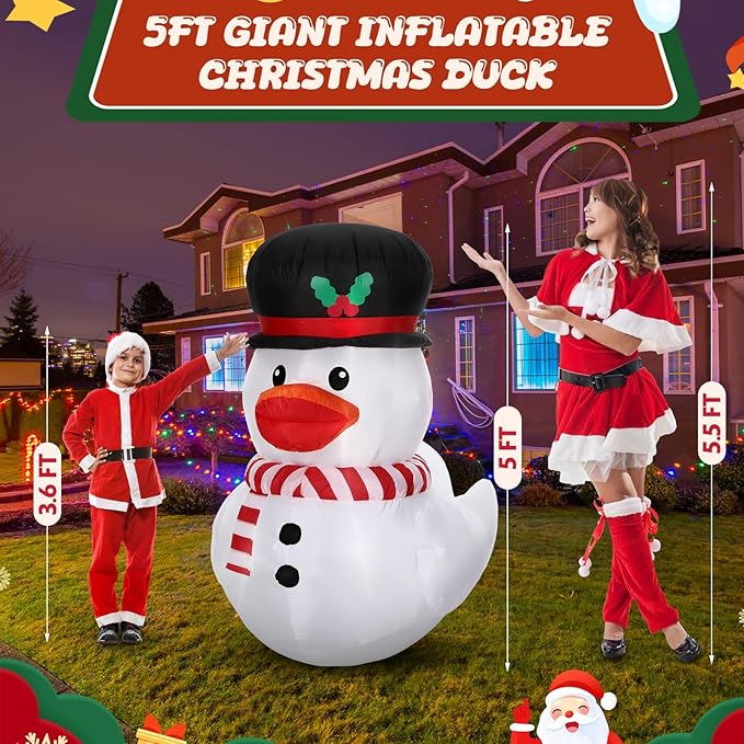 Leyndo 5FT Christmas Inflatables Decoration Outdoor Inflatables Duck with Build-in LEDs Lights Giant Blow Up Duck Wear Snowman Costume for Mall Garden Patio Lawn Indoor Party
