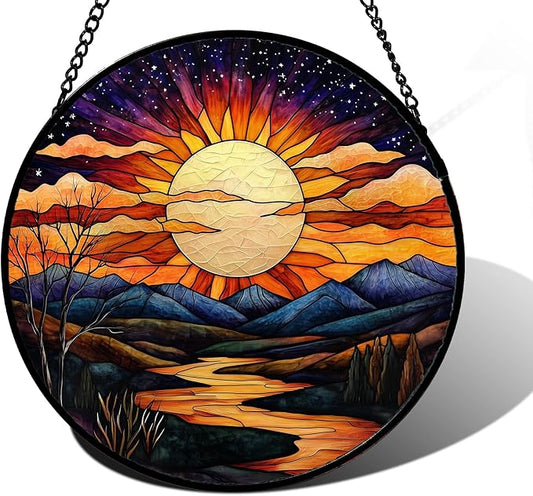 Stained Glass Window Hanging, The Sun Shines Brightly on Lake Sun Catchers Colorful Glass Panel Suncatcher Decor for Birthday for Women, Men, Wife, Lovers, and Mom 6.3 in