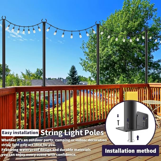 5 Ft String Light Poles 4 Pack, String Light Poles for Outside with Fixing Clips,Hanging Light Poles for Deck Fence Garden Backyard Wall Bistro,Metal Poles for Outdoor String Lights