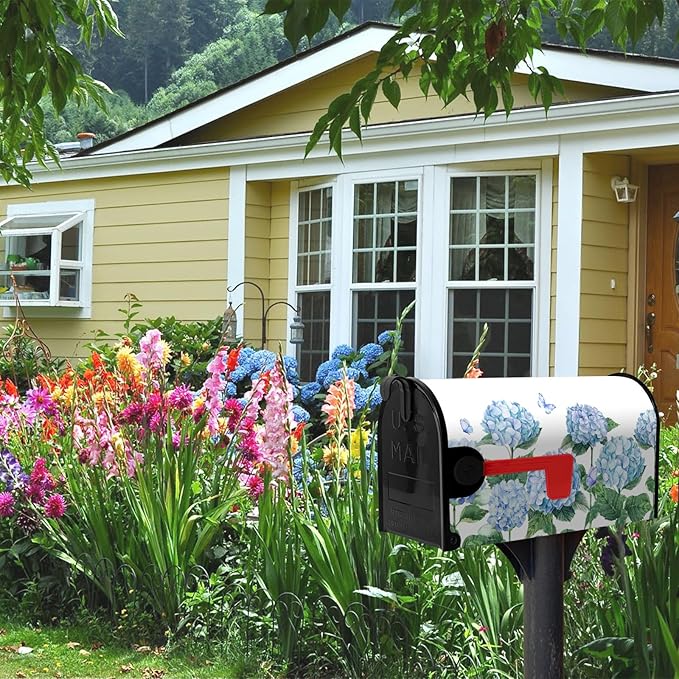 Hydrangea Flowers Magnetic Mailbox Cover Oversized Spring Summer Blue Floral Mailbox Covers Large Size 25.5 x 21 Inch Outdoor Letter Post Box Wraps for Garden Yard Home Decor