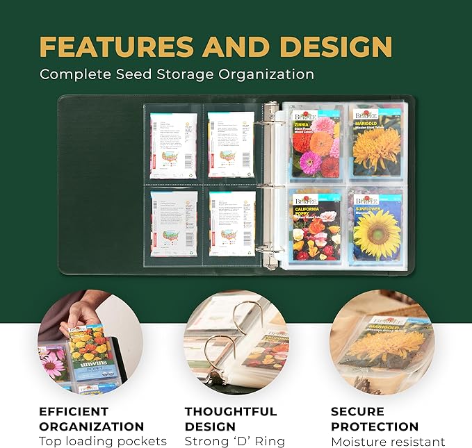Seed Storage Organizer Binder - Seed Packet Organizer with 50 Pack Sheet Protectors that stores 200 Seed Envelopes. Seed Storage Binder delivering complete Seed Saving Kit for every Garden Lover.