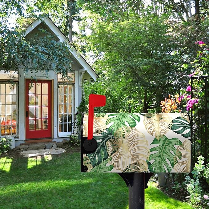 Summer Mailbox Cover Oversized Tropical Palm Leaf Magnetic Mailbox Wrap Jungle Leaves Waterproof Mail Box Post Letter Box Cover Large Size 25.5 X 21 Inch Garden Yard Outdoor Decoration