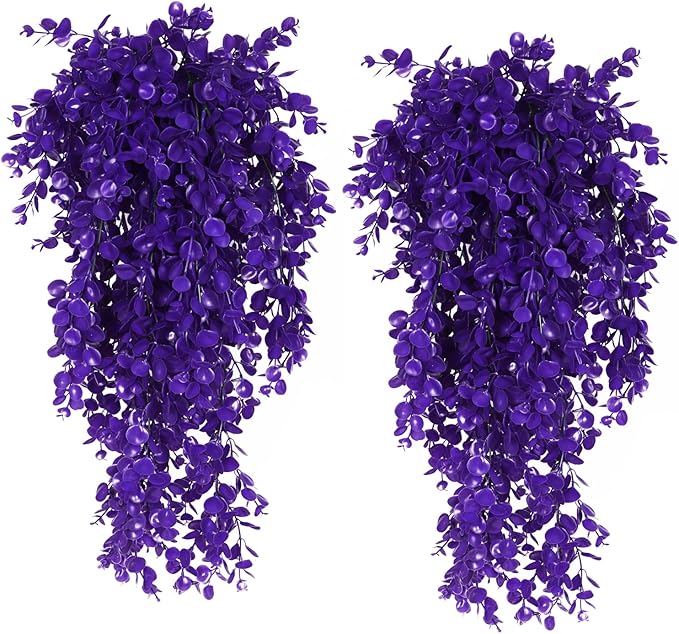 RECUTMS 4 Pack Artificial Plants Hanging Faux Eucalyptus Leaf Greenery Fake Plant for Wall House Room Patio Indoor Outdoor Home Shelf Office Decor (Purple)