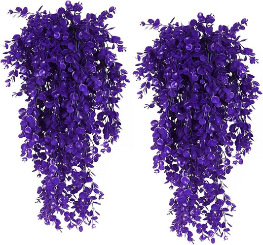 RECUTMS 4 Pack Artificial Plants Hanging Faux Eucalyptus Leaf Greenery Fake Plant for Wall House Room Patio Indoor Outdoor Home Shelf Office Decor (Purple)
