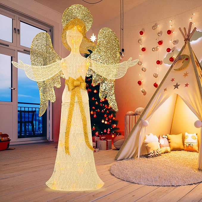 Taman Lighted Christmas Angel, 4 ft Warm Lights Glittered Angel for Outdoor Christmas Holiday Home Lawn Yard Garden Decoration