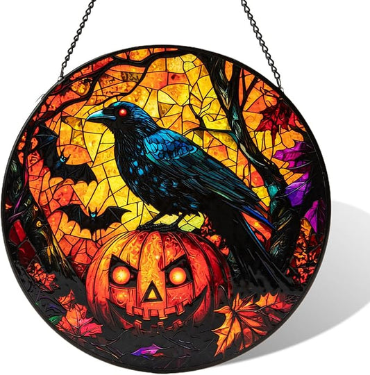 Stained Glass Window Hanging, Halloween Decorations Evil Crow Pumpkin Maple Leaf Suncatcher for Doors Garden Indoor Funny Spooky Sun Catchers Gothic Decor for Women, Men, and Mom 8 in