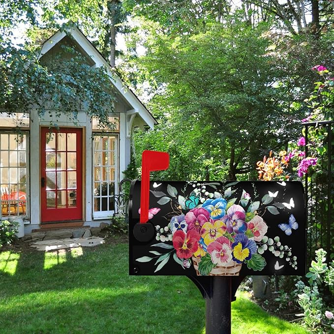 Summer Flower Mailbox Covers Magnetic Pansy Floral Mailbox Post Cover Black Colorful Pansies Butterfly Mail Box Wraps Waterproof for Garden Yard Standard Size 21x18 Inch