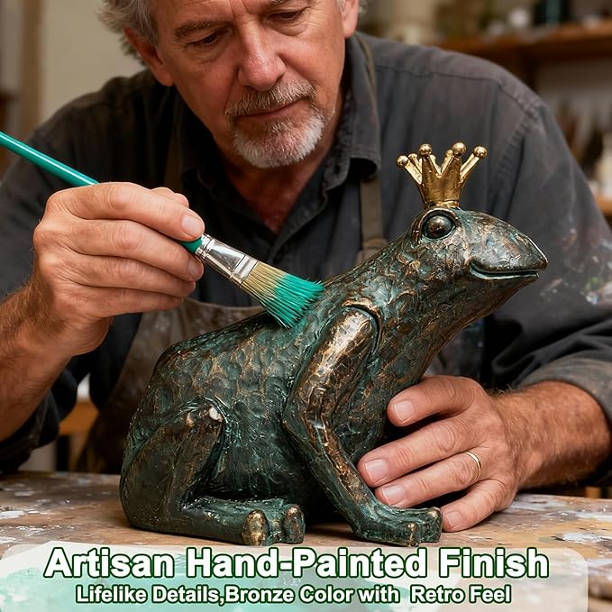 Frog Garden Statue,11.5" L×8" H Animal Figurines Garden Decor, Weather-Resistant Outdoor & Indoor Sculptures & Statues for Home,Patio,Yard and Entryway-Crouching Frog Prince