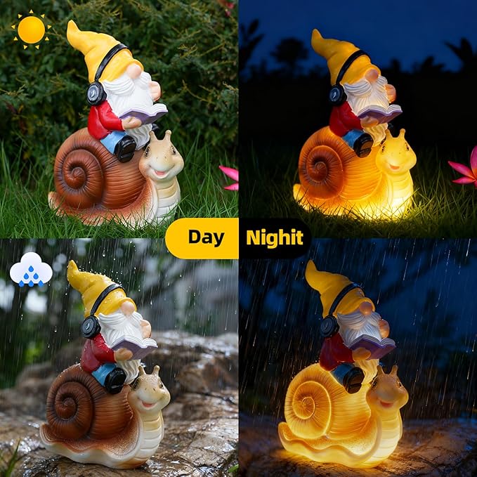 Ferrisland Garden Gnomes Snail Outdoor Figurines with Solar Lights, 10.4 inches Resin Solar Gnomes Decoration Yard Outdoor Garden, Patio Yard Lawn Birthday Housewarming Mother's Day（Gnome on Snail）