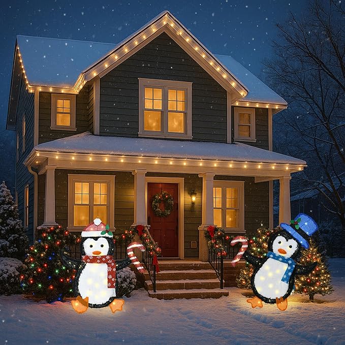 32" H Penguin Lights Outdoor Christmas Decorations, 2D Pre-lit Cute Holiday Lawn Lights Decors, Flat Xmas Yard Decor, 80 Warm White LEDs, Perfect for Garden, Driveway, Porch, 2-Piece Set