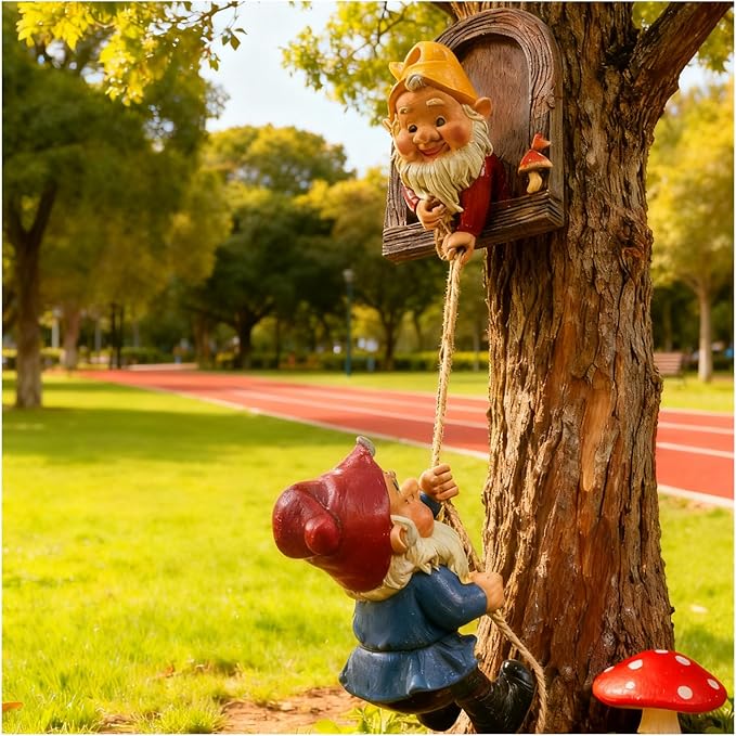 Climbing Gnome Tree Face Outdoor Decor,Adorable Elf Fairy Door Statue, Whimsical Garden Gnomes Decorations for Yard and Patio Art
