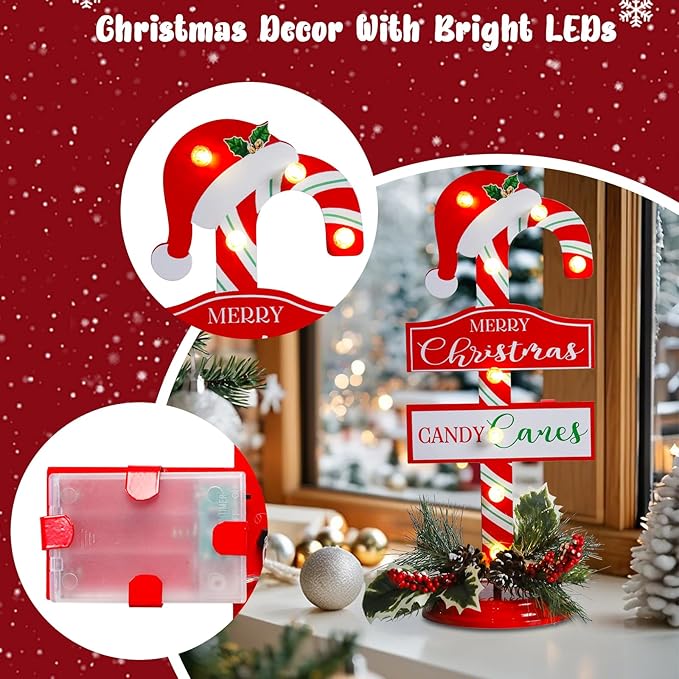 Vigdur Christmas Candy Cane Decoration - 16" Pre-Lit Metal Candy Cane Table Ornament with LED Lights & Timer, Battery Operated Light Up Christmas Sign for Indoor Mantel Shelf Holiday Home Décor