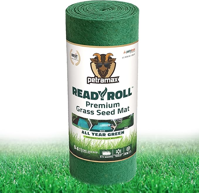 Petramax ReadyRoll Biodegradable Grass Seed Mat for Lawn (54 ft.) - All Year Green 3-in-1 Tall Fescue & Kentucky Grass Seed Rolls w/Mulch & Fertilizer - Lawn Repair Patch - Just Roll, Water, Grow