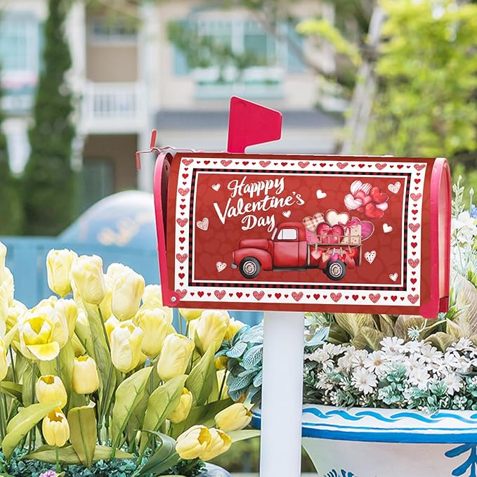 Valentine's Day Magnetic Mailbox Cover Red Heart Mailbox Cover Magnetic Standard Size 21 X 25.5 Inch Red Truck Mailbox Post Cover Mailbox Wraps Mailbox Decor for Home Garden Outdoor Yard
