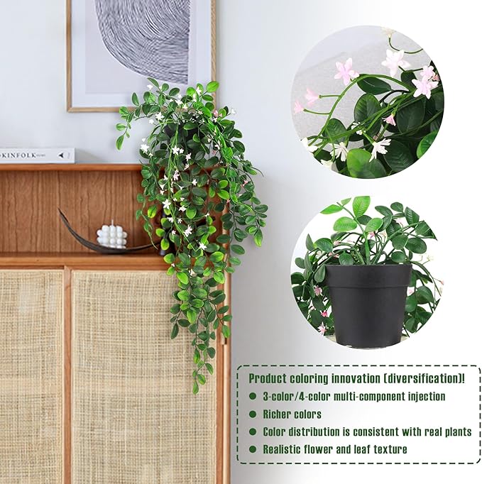 2 x Fake Hanging Plants Small Artificial Potted Lysimachia Plants with White Pink Flowers for Home Decor Nearly Natural Hanger Greenery for Wall Room Indoor Outdoor Shelf Decor