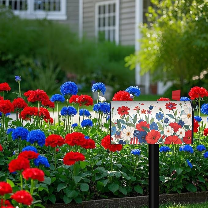 Butterfly Floral Independence Day Mailbox Cover, July 4th American Patriotic Wraps Cover, Red Blue Outdoor Magnetic Mailbox Cover, 25.1" X 21" Post Letter Box for Garden Yard Decor