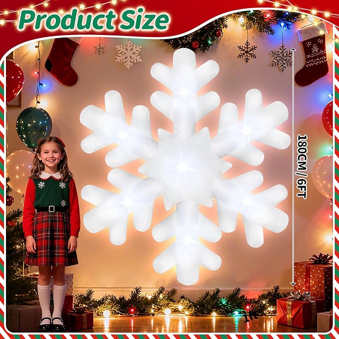 6FT Christmas Hanging Inflatable Snowflake Giant Blow Up Snowflake Ornaments Built-in 7 LED Lights for Christmas Inflatables Outdoor Decorations Winter Xmas Party Supplies Window Roof Wall Yard