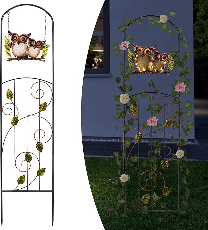 Solar-Powered Iron Plant Trellis with Lights,Voumsil Outdoor Garden Climbing Plant Support, Weatherproof Metal Stake for Vine Roses, Decorative Solar Lighting for Patio, Yard, Fence