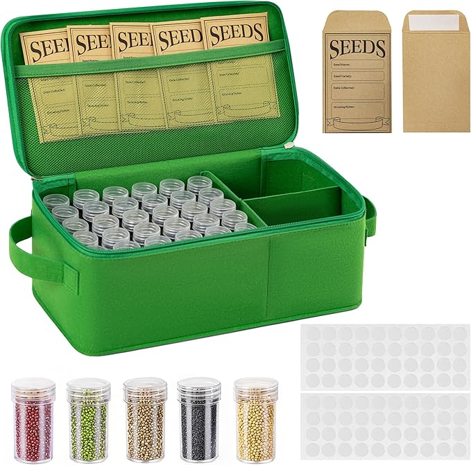 Seed Storage Organizer, 60 Slots Seed Saving Box, Thick Fabric Seed Bin 3 Compartment Seed Packet Container for Vegetable Flower Plants Garden