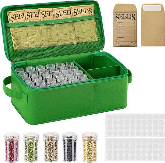 Seed Storage Organizer, 60 Slots Seed Saving Box, Thick Fabric Seed Bin 3 Compartment Seed Packet Container for Vegetable Flower Plants Garden