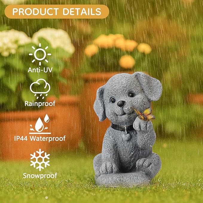 Solar Puppy Dog Garden Light Decor - 7.9" Cute Pet Memorial Statue, from Dawn to Dusk LED Light, Weatherproof Resin for Yard Pathway & Dog Lover Gifts