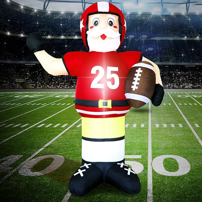 DearSun 8FT H Christmas Inflatable American Football Santa,Football Party Decorations,Blow Up No.25 Rugby Santa Player with Build-in LED Lights, Inflatable Player for Football Party Decor